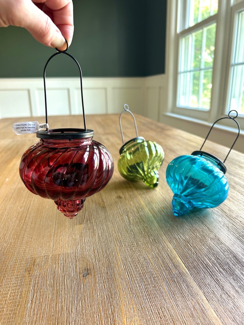 Pier 1 hand-blown, fluted glass, hanging tea light candle holders, NWT - Picture 5 of 6